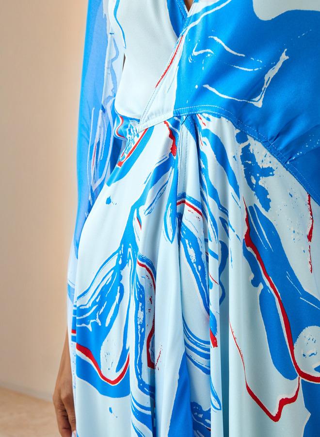 Iconic Abstract Print V-neck Sleeveless Dress with Scarf - Image 4